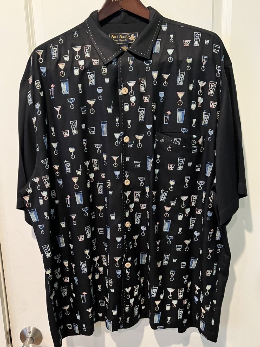 Nat Nast Limited Edition 100% Silk Embroidered Shirt Black XL Luxury Retro